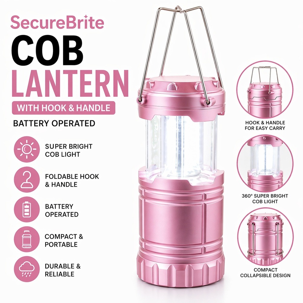 SecureBrite Large COB Lantern Pink Battery Operated Collapsible Hook Handle NEW